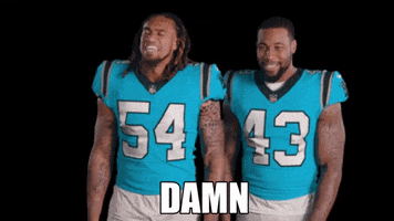 Sports gif. Shaq Thompson and Haason Reddick from the Carolina Panthers lean back in sync and say, "Damn!"