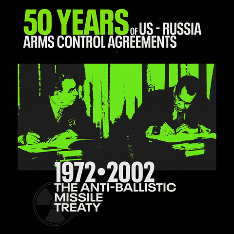 Text gif. Headline "50 Years of US-Russia arms control agreements" in bright green above a flashing album of images featuring political figures signing documents against a dark background.