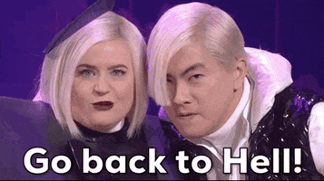 SNL gif. Dressed in futuristic clothes, Aidy Bryant and Bowen Yang glare at us as Aidy yells, “Go back to Hell!”