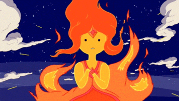 Cartoon gif. Flame Princess from Adventure time looks at us with a shocked expression as flames dance off of her body. 