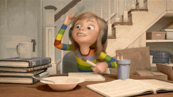 Disney gif. Joy in Inside Out listens to music on headphones while sitting at a table with homework, using markers to drum on dishes and books.