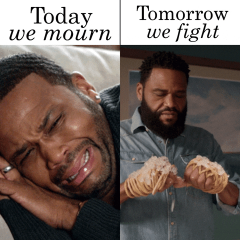 TV gif. Split screen of Anthony Anderson as Andre in Black-ish, on the left curled up on the couch crying, on the right he ices his knuckles. Text, "Today we mourn, tomorrow we fight."