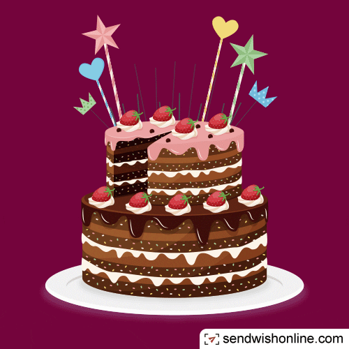 Digital illustration gif. Two-tiered brown cake with pink frosting, strawberries on dots of white frosting, and multi-colored candles sits on a plate against a purple gradient background. The letters of the candles appear one after the other, spelling "Happy Birthday."