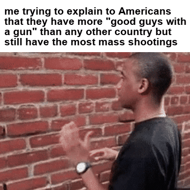 Meme gif. Man wearing a watch and a black t-shirt talks calmly to a brick wall, using his hands to gesture as he makes his point. The wall does not speak back. Text, "Me trying to explain to Americans that they have more 'good guys with a gun' than any other country but still have the most mass shootings."