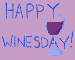 Illustrated gif. Crayon sketch of plum colored wine sloshing around in a glass. Text, "Happy Wednesday!"