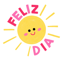 Digital illustration gif. Cute yellow sun shining with pink blushing cheeks and a big pink smile. Text, "Feliz dia."