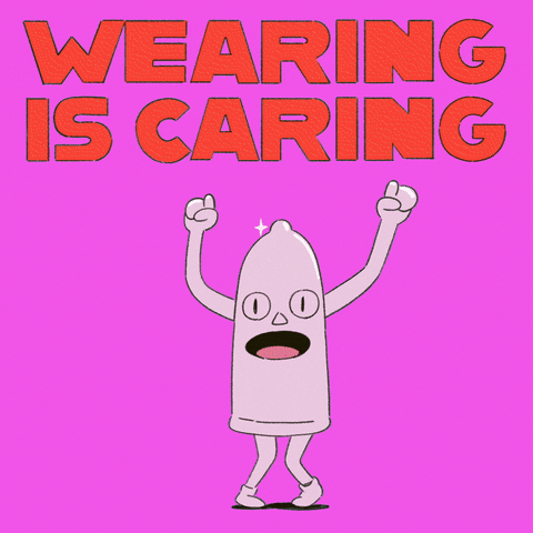 Digital art gif. Light pink condom with a slightly dazed look dances and grooves confidently on a neon pink background, emanating hearts like body odor. Text, "Wearing is caring."