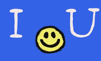 Text gif. In between the letters I and U, four red hearts appear one by one above a yellow smiley face.