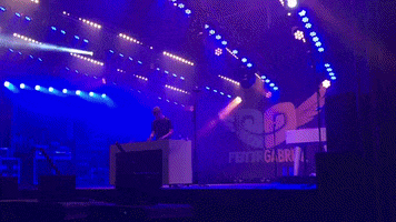 Video gif. DJ Pieter Gabriel performs on stage, jumping with excitement as lights flash around him.