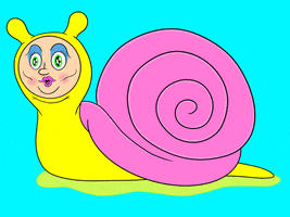 Digital art gif. Creepy yellow and pink snail with a weird doll face slithers against a blue background.