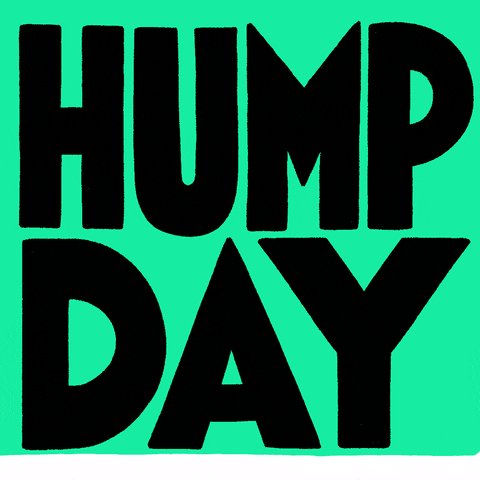 Text gif. Large black text on a green background bobs as a white hump runs along the bottom of the screen. Text, "Hump day."