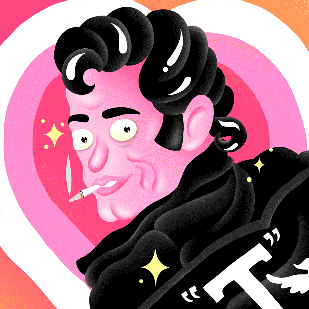 Illustrated gif. Cartoonish drawing of John Travolta as Danny in Grease looking over his shoulder and raising his eyebrows flirtatiously while a cigarette dangles from his mouth.