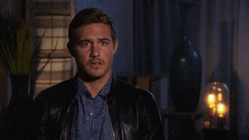 Reality TV gif. We zoom in on a nervous Peter Weber from The Bachelor as he swallows, looking scared.