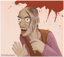 Illustrated gif. Scary zombie-like person waves its hand and tickles a huge gash in the top of its head with a metal pronged rod, while its eyes bulge and twitch.
