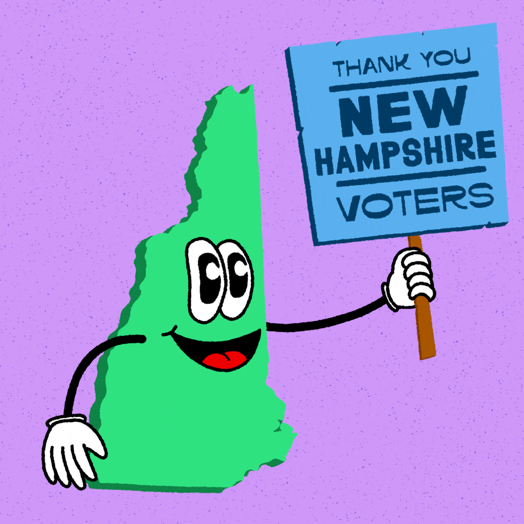 Digital art gif. Shamrock green graphic of the anthropomorphic state of New Hampshire on a grapey purple background holding a blue picket sign that reads "Thank you New Hampshire voters!"