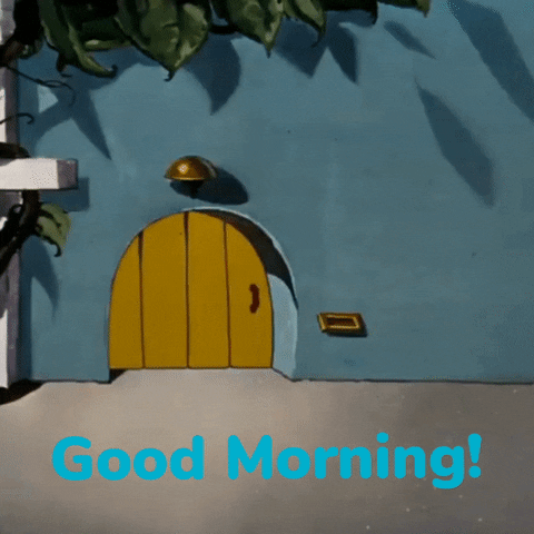 Cartoon gif. We see a mouse hole with a door, porch light, and mailbox. The door opens, and Jerry from Tom & Jerry struts out smiling. Text, "Good morning!"