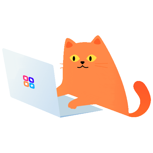 caricatura animada de un gato anaranjado escribiendo en una computadora portátil.