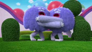 Cartoon gif. The purple, fluffy yetis from True and the Rainbow Kingdom wrap their arms around each other and bounce from foot to foot in panic, eyes squinted and mouths crying out in alarm.