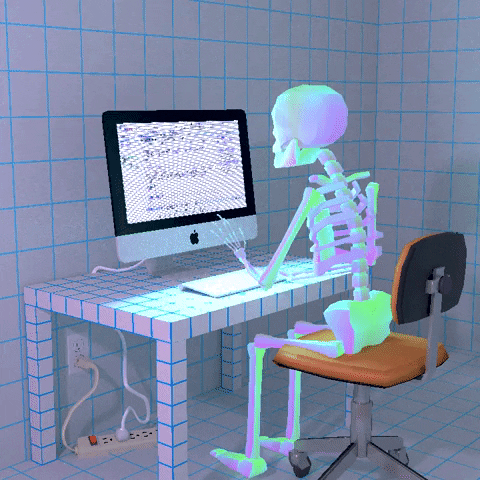Digital art gif. A skeleton types busily at a computer as a black cat jumps up and walks in front of the monitor, stepping on the keyboard. The skeleton picks up the cat and drops him onto the floor.