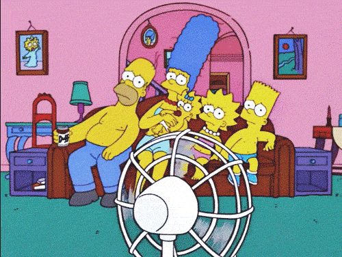 The Simpsons gif. The Simpson family are all dressed in summer clothes and sit on a couch together as they stare desperately at their oscillating fan. They're moving in sync with the fan, not wanting to lose any bit of cool air, as they try to beat the heat.
