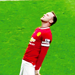 Sports gif. Manchester United soccer player Wayne Rooney intentionally collapses on his back, stretching himself out on the grass and staring up at the sky in exhaustion.