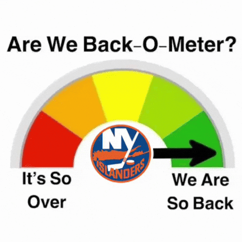 Gauge meter meme 'Are We Back-O-Meter?' with arrow swinging between 'It's So Over' (red) and 'We Are So Back' (green), NY Islanders logo