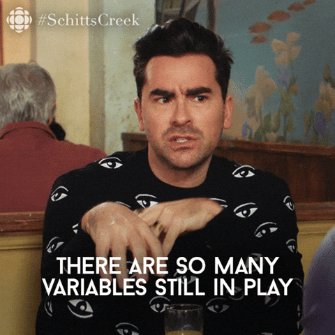 Gif from Schitt's Creek of David saying 'There are so many variables still in play'