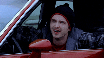 TV gif. Aaron Paul as Jesse in Breaking Bad exclaims "what?" as he sits behind the wheel of a car with his arm hanging out the window.
