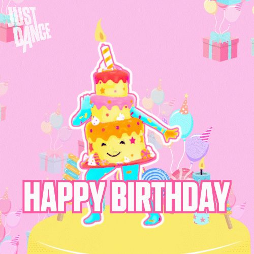 Narozeninový kreslený gif s tancujícím narozeninovým dortem s létajícími konfetami a nápisem "Happy birthday". 