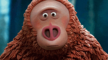 Stop motion gif. Mr. Susan Link of Missing Link looks around then offered an embarrassed smile as if to say "Oops!"