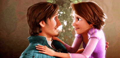 Disney gif. A short-haired Rapunzel in Tangled grabs Finn by the collar and pulls him in for a kiss.