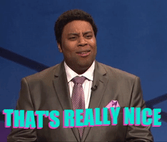 SNL gif. Kenan Thompson as a game show host furrows his brow and sticks out his bottom lip before saying, That's really nice.