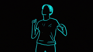 Illustrated gif. Flashing neon lines on a black background depicting a person dancing.