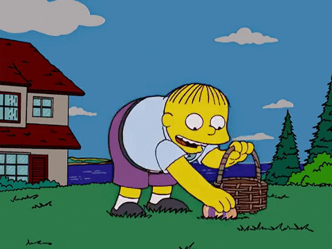 Kreslený gif s postavičkou ze seriálu Simpsonovi, které neustále vypadává malované vajíčko ze dna děravého košíku.