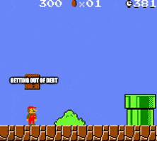 Video game gif. In a scene from the Mario video game, Mario jumps pathetically, trying to reach a block above his head, and fails over and over again. The block is labeled "Getting out of debt."