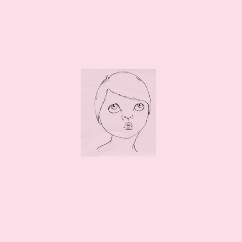 Stop motion gif. A line drawing of a person's face, blinking and looking up, as a pool of pink watercolor grows wider behind them. Text, &quotHelp."