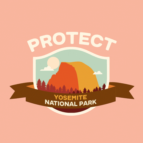 Digital art gif. Inside a shield insignia is a cartoon image of two mountains in shadow. Text above the shield reads, "protect." Text inside a ribbon overlaid over the shield reads, "Yosemite National Park," all against a pale pink backdrop.