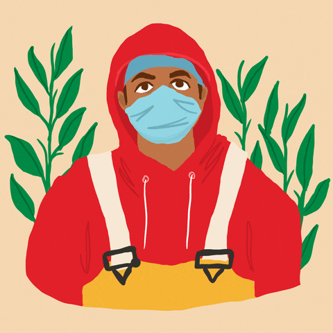 Cartoon gif. Person wears a scrub cap and surgical mask while donning orange-yellow overalls atop a vibrant red hoodie. The hoodie strings and green ferns in the background move as if it's windy.