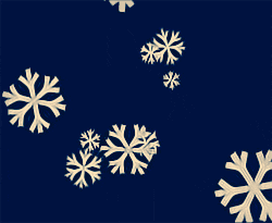 Illustrated gif. Cheerful white snowflakes of different sizes fall gently on a dark blue background. 