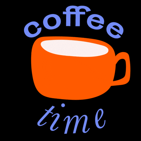 Digital art gif. An orange coffee cup bobs as retro blue stars dance around it. Text, "coffee time."