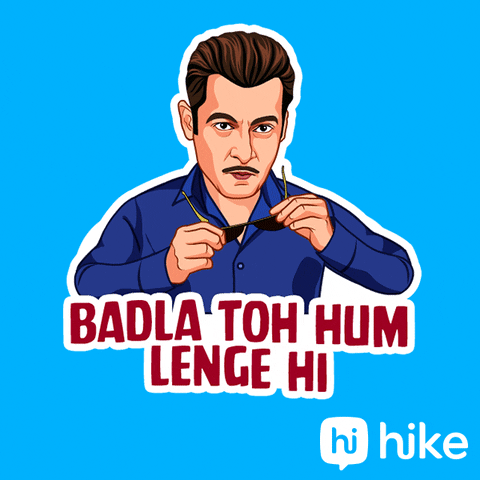 Cartoon gif. A man with dark brown swept back hair moves sunglasses on and off his face. Text, "Badla Toh Hum Lenge Hi."