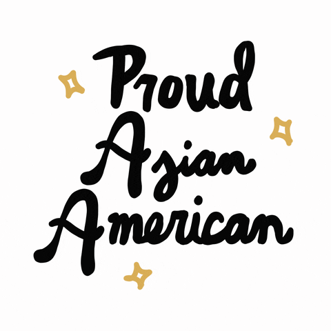 Text gif. Amongst gold sparkles over a white background reads the cursive message, “Proud Asian American.”
