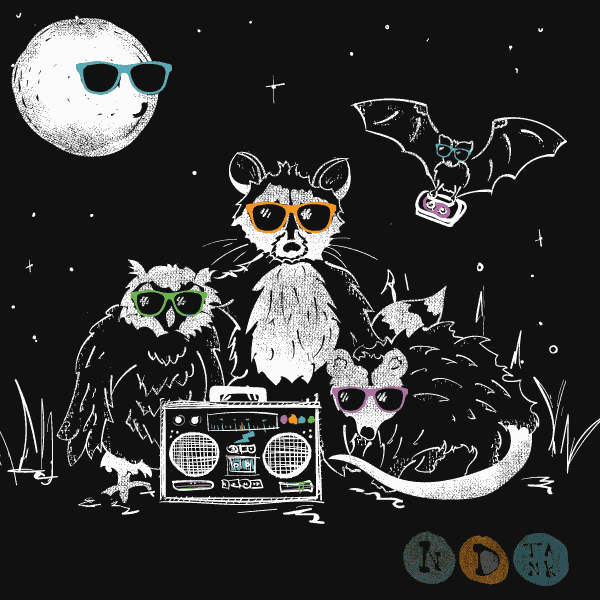 An animated gif of nocturnal animals wearing sunglasses at night, with a boombox bouncing next to them.