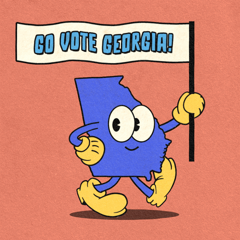 Digital art gif. Blue shape of Georgia smiles and marches forward with one hand on its hip and the other holding a flag against a peach-colored background. The flag reads, “Go vote Georgia!”