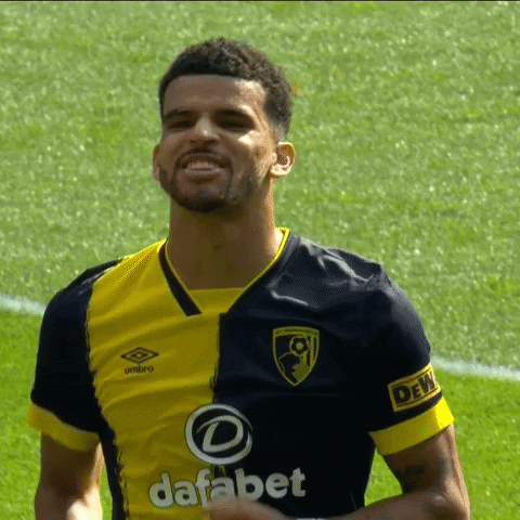 Sports gif. Dominic Solanke of AFC Bournemouth runs across the field and mimes drawing a bow and releasing it with a big smile on his face. 