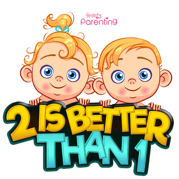 Kreslená pohyblivá animace se dvěma světlovlasými dětmi držícími nápis "2 is better than 1". 
