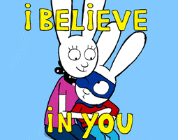 Cartoon gif. Simon and Eva from Simon. The mother and son rabbit duo are hugging and Eva winks at Simon while pointing at him and says, "I believe in you!"