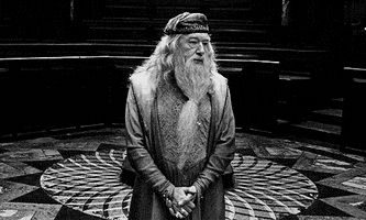 Movie gif. Michael Gambon as Dumbledore impatiently holds up his hands and looks around in disappointment.