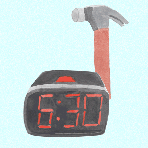Digital illustration gif. Digital alarm clock goes off at 6:30 as a hammer repeatedly slams the snooze button aggressively in front of a pale blue background. 