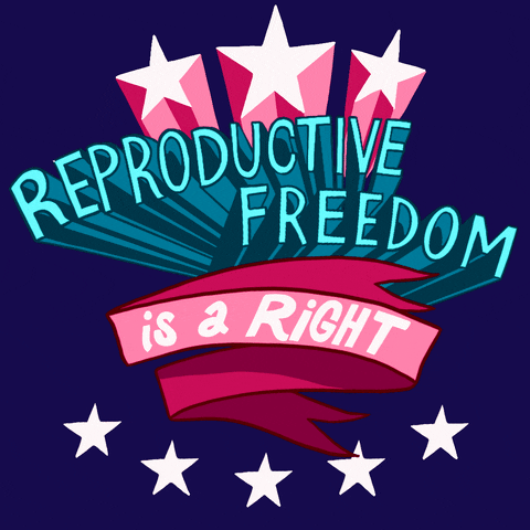 Digital art gif. Surrounded by bright white stars, blue text reads, "reproductive freedom," and text inside a pink ribbon reads, "is a right," all against a dark blue background.